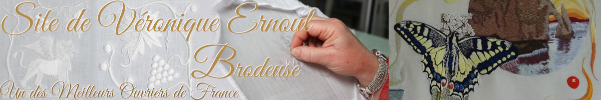 En arrière-plan, trois images se succèdent. La première est une broderie blanche réalisée en plumetis. Elle montre un lion ailé (emblème de Venise) positionné de profil et en face d'une branche de vigne montrant une grappe de raisin. Il est lui même partiellement entouré par une vigne. L'image suivante est un gros plan d'une main en train de réaliser une broderie blanche, sur un métier. La troisième image est une broderie couleur : elle montre un papillon jaune, tacheté principalement de tâches bleues foncées (voir noires) et de quelques tâches rouges, sur une fleur blanche. À ses côtés est représentée dans un cercle la falaise d'Étretat au coucher de soleil, avec l'avancée dans la mer et la fenêtre sur la mer et le ciel créée par les rochers. Les couleurs du coucher de soleil et de la falaise se reflètent sur la mer. En avant-plan est écrit « Site de Véronique Ernoul », « Brodeuse » ainsi que « Un des Meilleurs Ouvriers de France ».